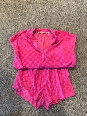 THML Vibrant Pink Checkered Terry Short Romper